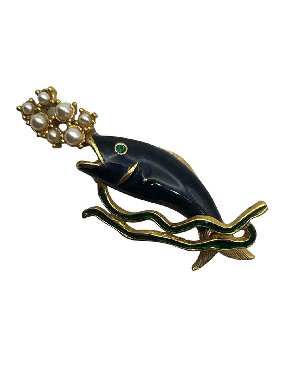 Sphinx blue enamel fish gold tne green rhinestone faux pearl brooch pin nautical